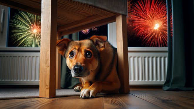 Za nekatere pse je novoletni čas zelo stresen. FOTO: Shutterstock Ai Generator 