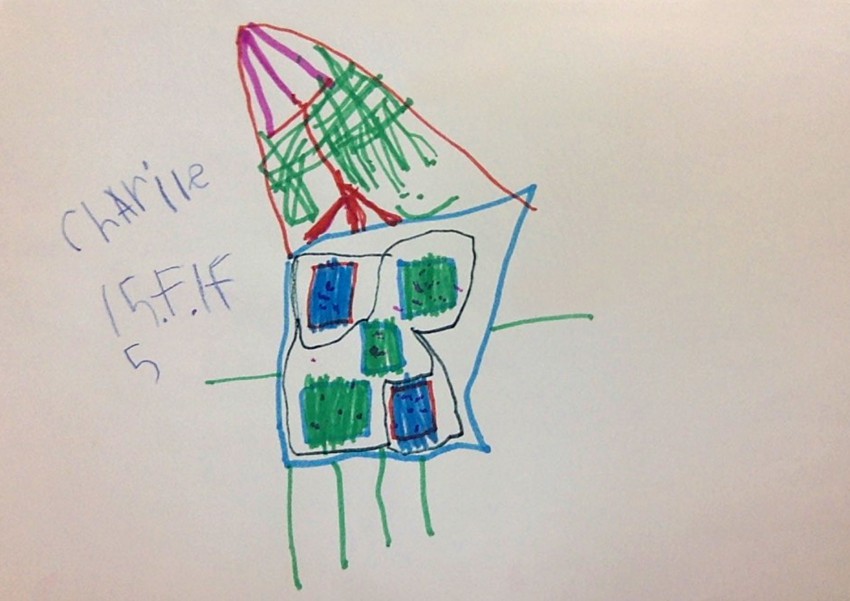 Petletni Charlie je narisal hišo na stebrih, ki ima na podrešju spravljeno raketo, s katero lahko odletiš v vesolje kadarkoli hočeš.