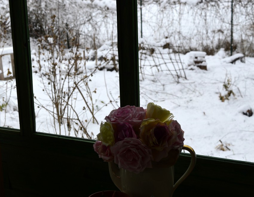 <p>Februarski pogled skozi okno na zasnežen vrt.</p>