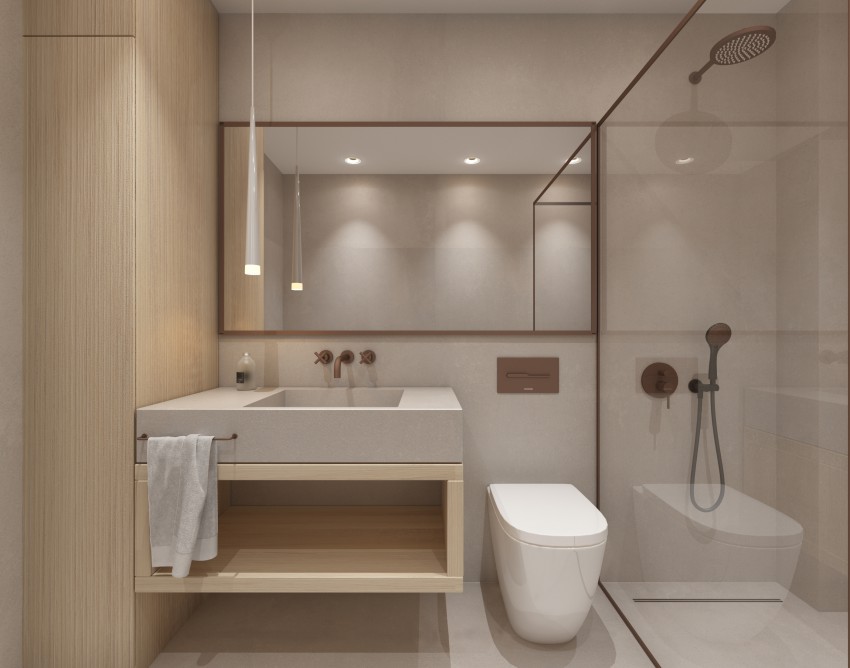 Primer majhne kopalnice, v kateri so tla in stene v bež mikrocementu in tudi umivalnik je iz enakega materiala (avtor projekta Sanja Premrn).