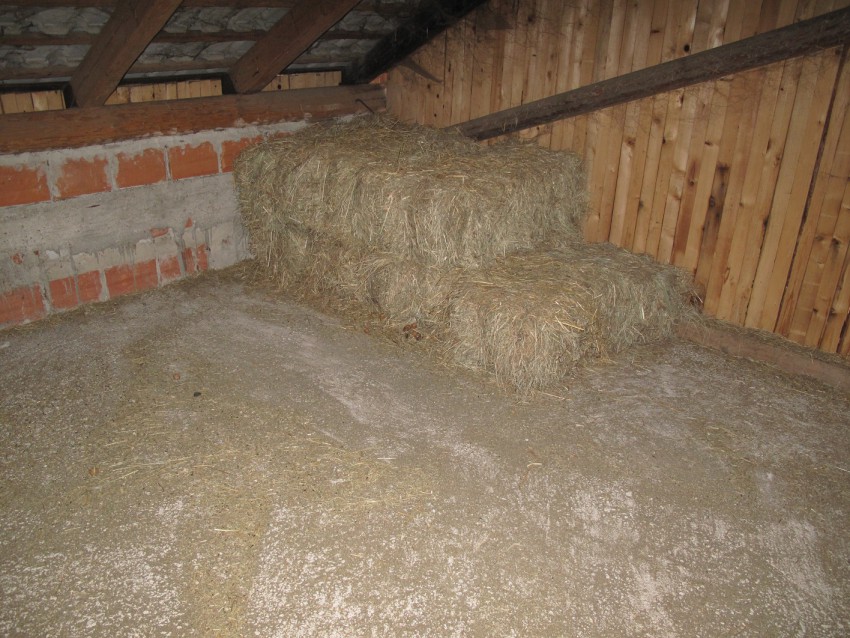 <p>Za toplotno izolacijo stropa proti hladni podstrehi lahko uporabimo senene bale. Poceni in učinkovito.</p>