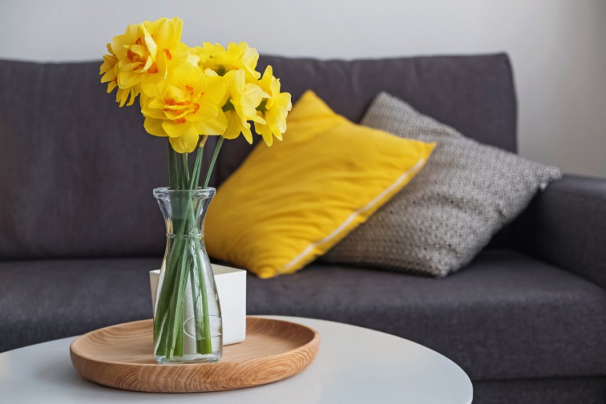 <p>Za hitro osvežitev z rumeno v kombinaciji sive: okrasne blazine in šopek pomladnega cvetja.</p>