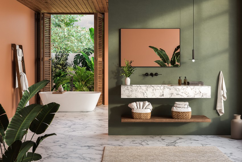 <p>Marelična se poda tudi na stene sodobne kopalnice, drznejši bodo izbrali kombinacijo z zeleno barvo in keramiko z vzorcem marmorja.</p>